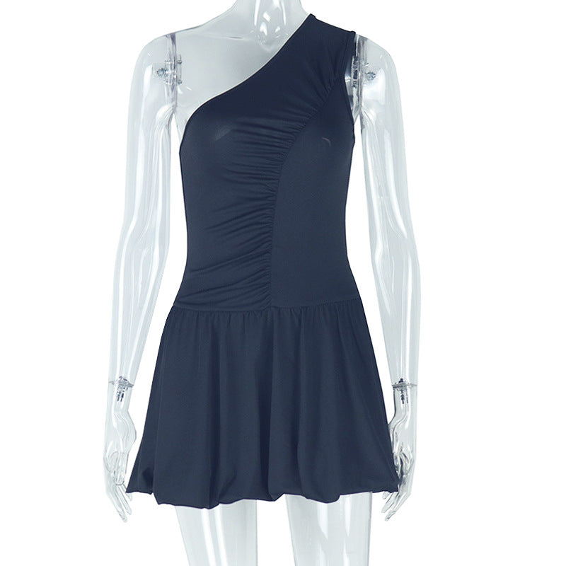 Women Clothing Elegant Irregular Asymmetric Shoulder Solid Color A line Diagonal Collar Sleeveless Ruffled Short Dress Bella Mia